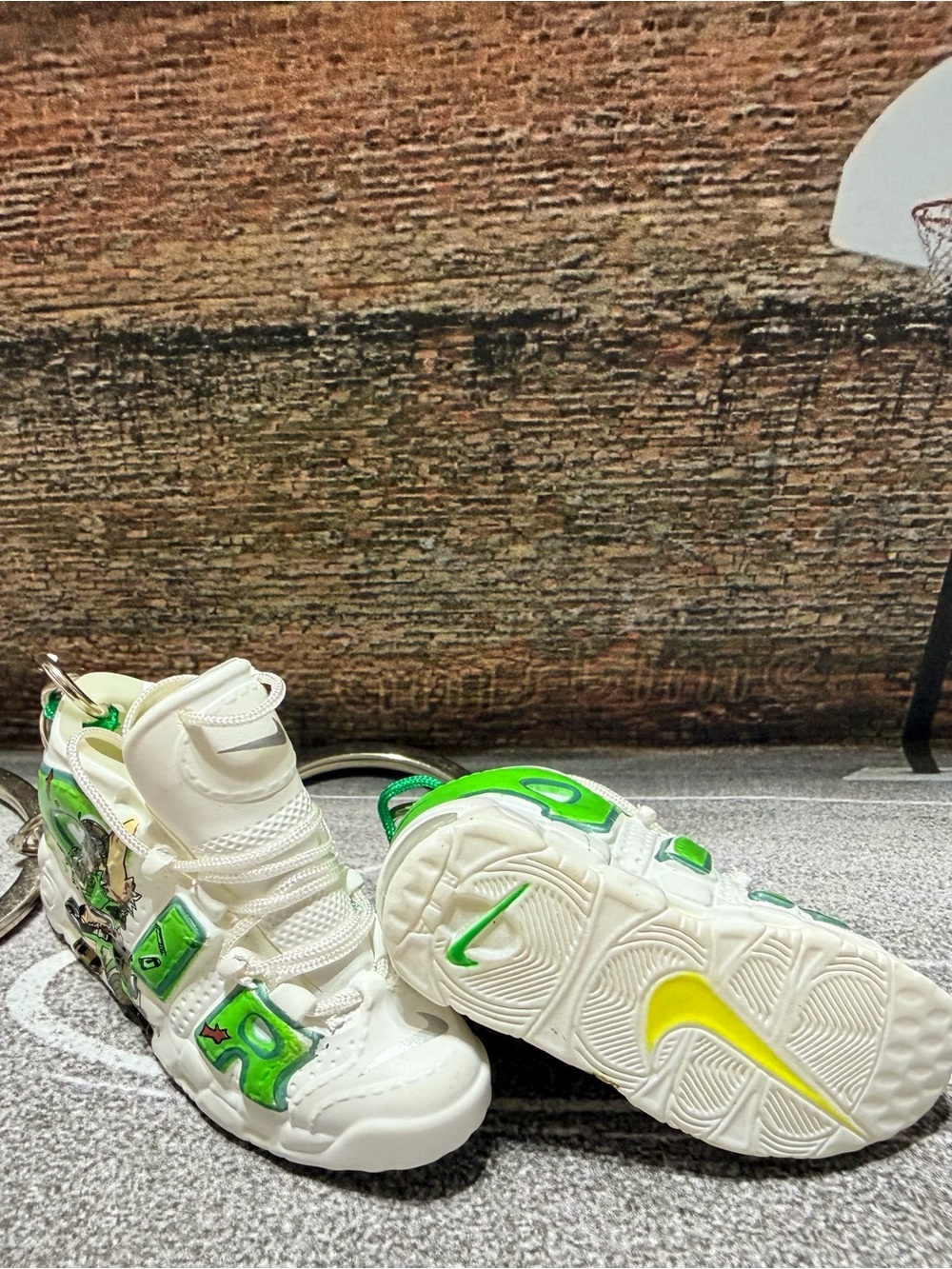 Nike Air Uptempo White Sneakers with Green & Yellow Accents Keychain Collectible